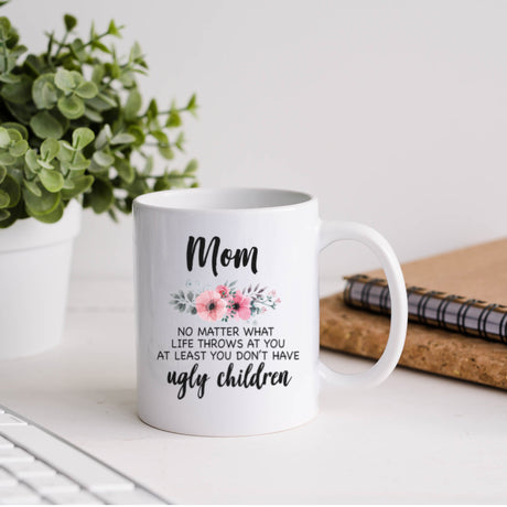 Personalized coffee mug for mom with humorous quote and floral design, great for Christmas, birthday, or Mother's Day gifts. Easy Gift idea for mom. 