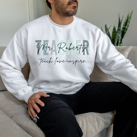 White Custom teacher sweatshirt with last name, personalized crewneck for teacher appreciation.