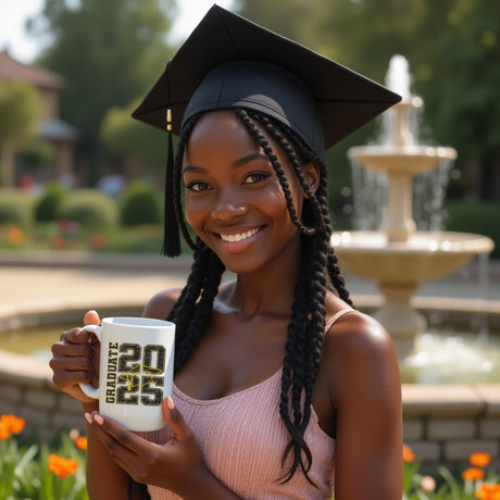 Sparkly Class of 2025 graduation mug for seniors, fun and cute gift for graduating students. 