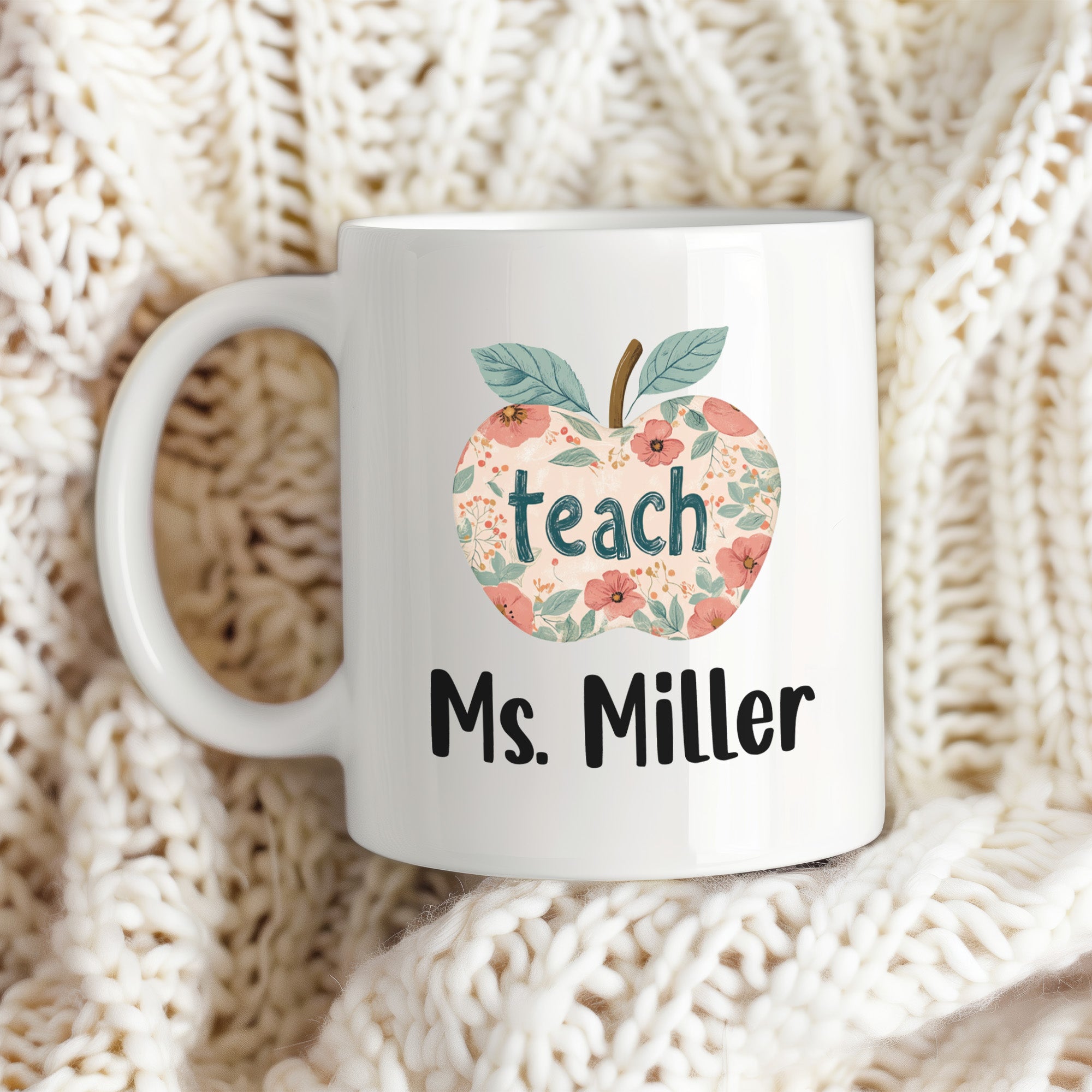 Boho teacher mug for thank you teacher gifts from students. Best personalized teacher mug for back to school gifts. Cute custom mug for teacher with teach apple design.