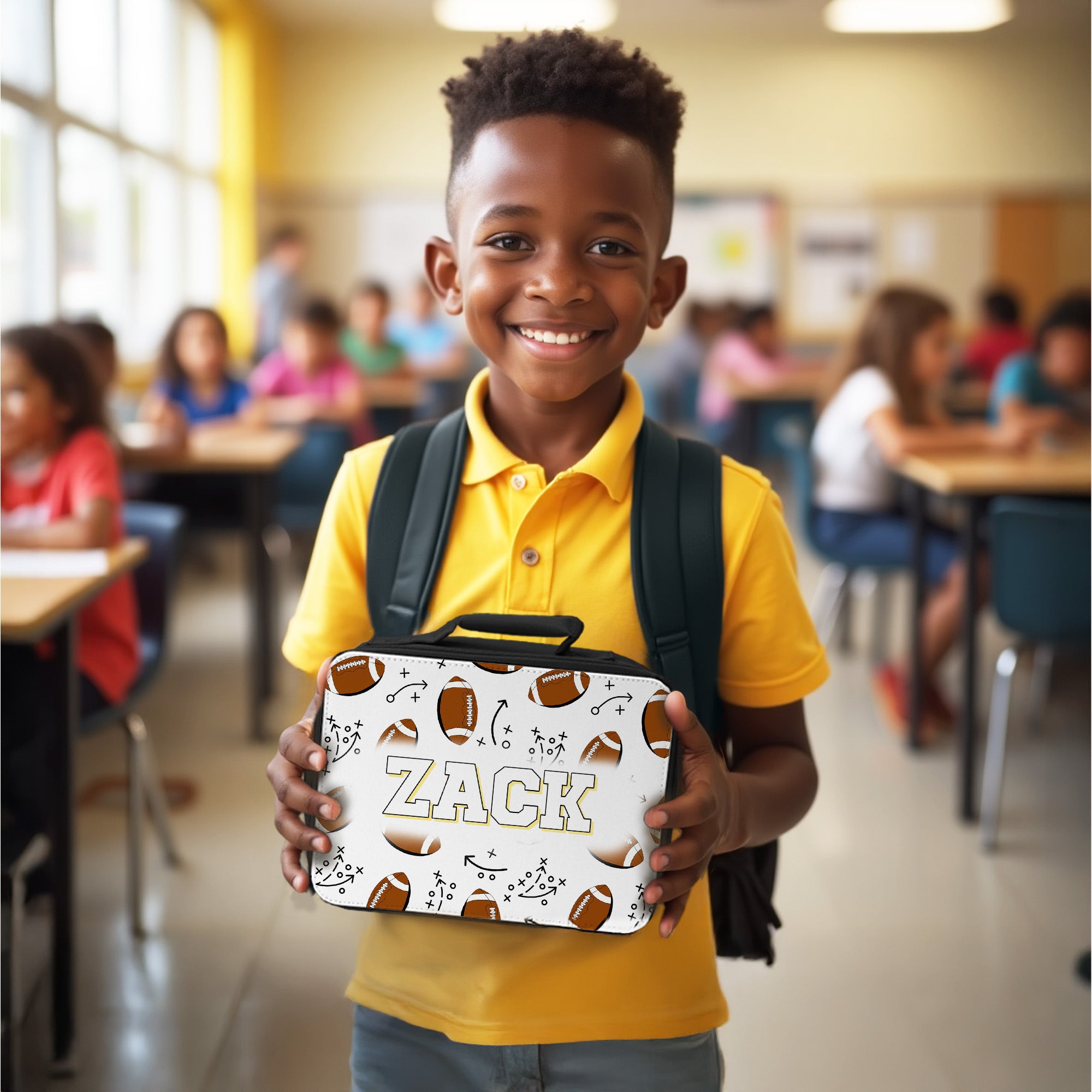 The perfect first day of school gift for boys is our custom lunch tote with name. Out football themed lunch box is the best back to school gift. 
