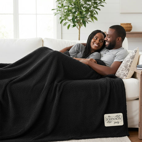 Plant Box w Last Name Personalized Throw Blanket with Leather Patch, Custom Family Gifts