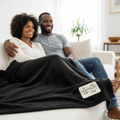 Plant Box w Last Name Personalized Throw Blanket with Leather Patch, Custom Family Gifts