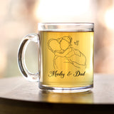 Clear glass mug minimalist hand-drawn line art featuring custom family illustration, perfect Father’s Day gift for Dad.
