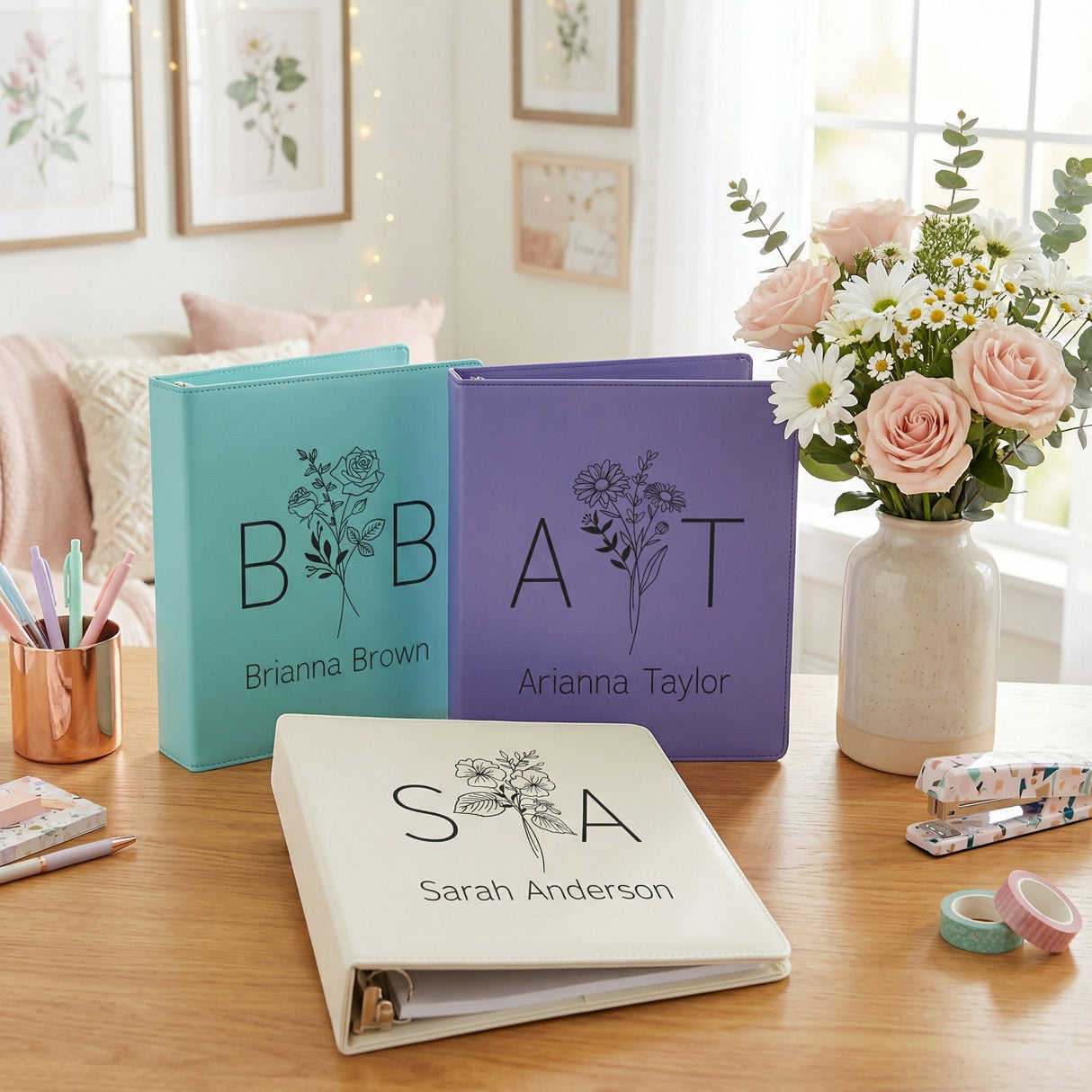 Split Initials w Name Birth Flower Personalized Binder for Her, Faux Leather
