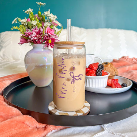 Personalized Wifey glass tumbler with bride’s new last name, engagement gift idea.