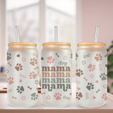 Frosted dog mama iced coffee glass cans.