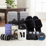 Midnight Lounge Self Care Gift Basket for Men with Slippers and Blanket