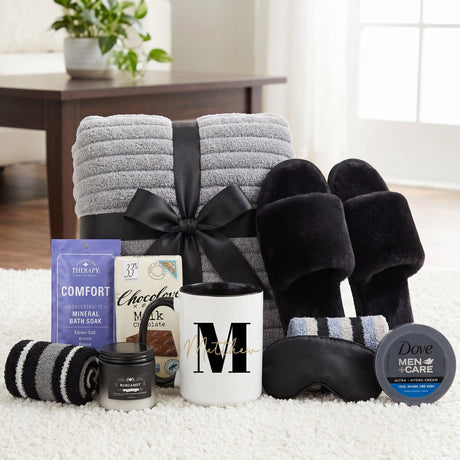 Midnight Lounge Self Care Gift Basket for Men with Slippers and Blanket - Gifts Are Blue
