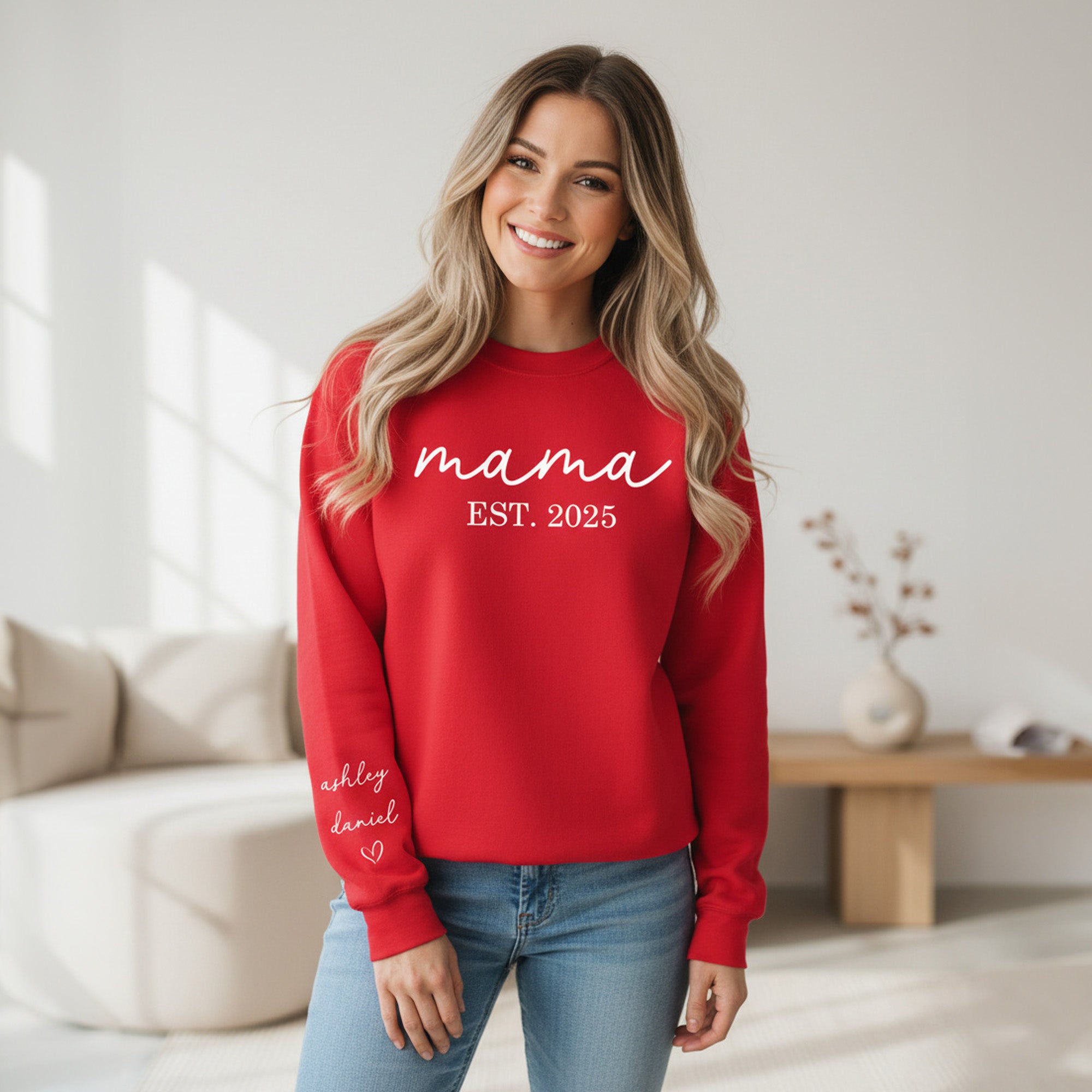 Cozy red personalized Mama Sweatshirt with kids' names on the sleeve, perfect Mother's Day gift.