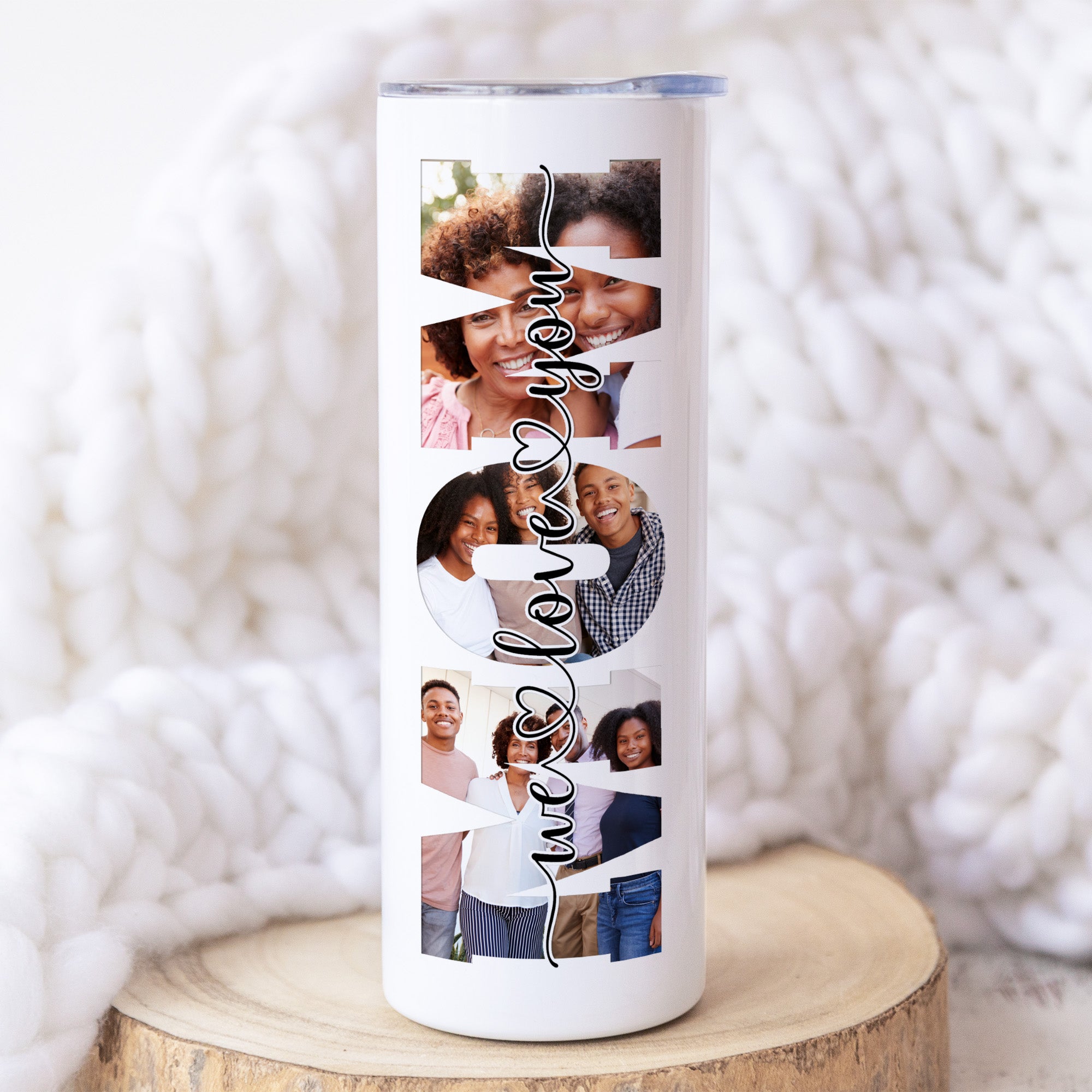 Custom photo tumbler for mom, with family photos.  This is the ultimate Mother's Day gift, birthday gift for her, and Christmas gift for mom, offering a personalized touch to her favorite tumbler. 