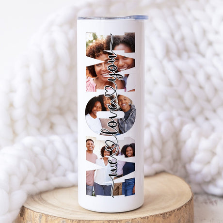 Custom photo tumbler for mom, with family photos.  This is the ultimate Mother's Day gift, birthday gift for her, and Christmas gift for mom, offering a personalized touch to her favorite tumbler. 