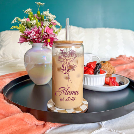 Reusable glass tumbler with custom birth month flower design, personalized drinkware for her.