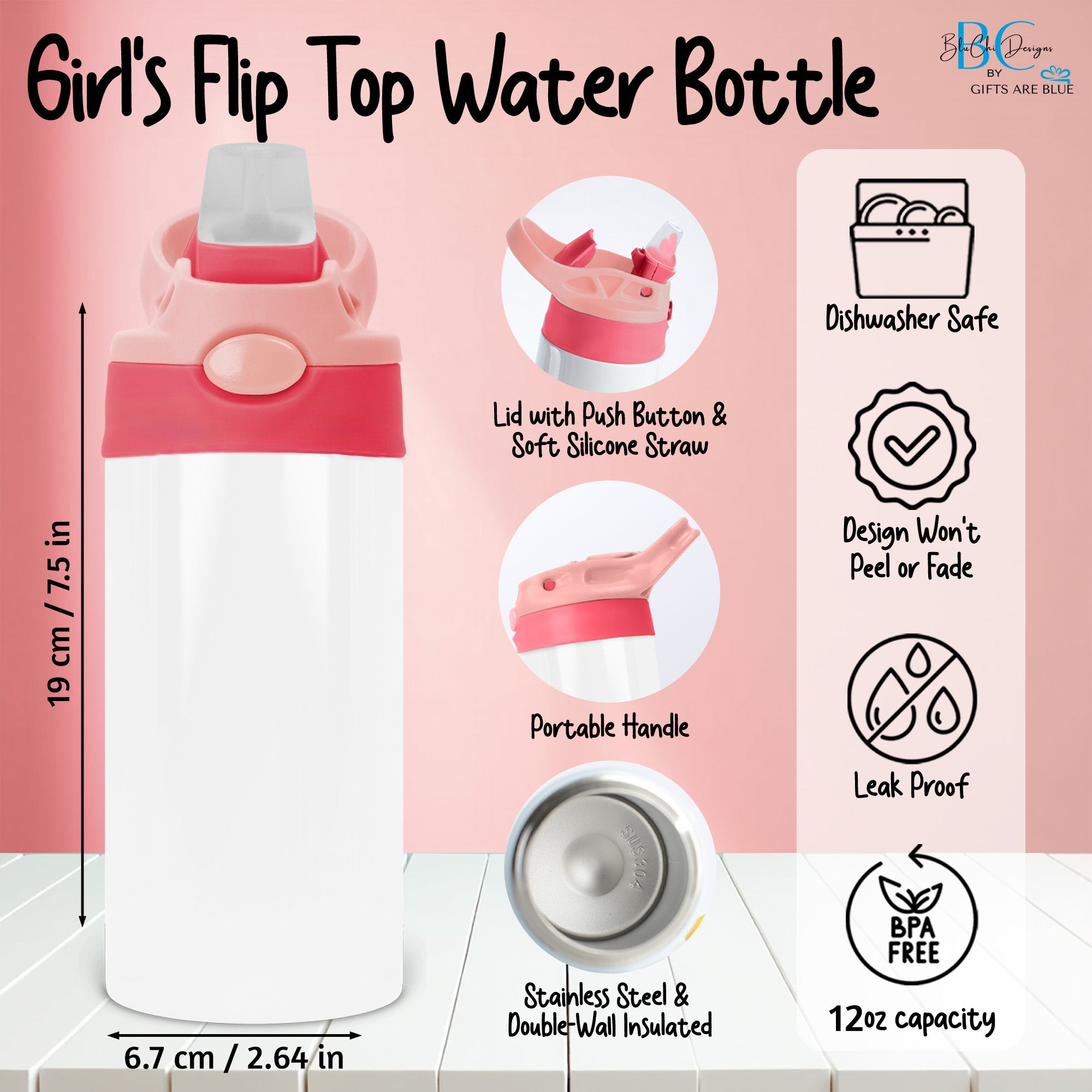 Fairy Custom Water Bottle for Kids, Personalized  Flip Top Bottle with Name for School