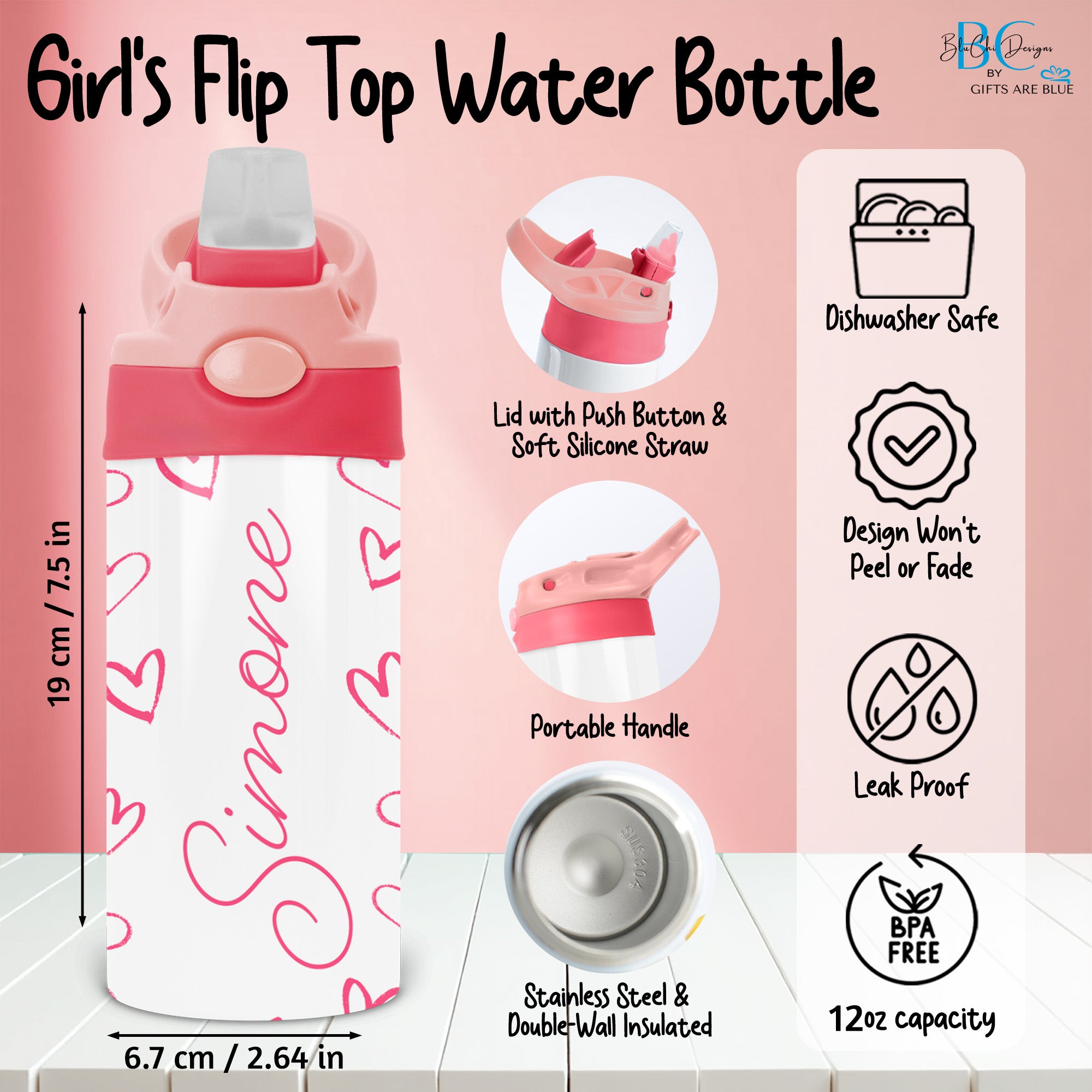 Pink Soccer Water Bottle for Girls with Name, Custom Back to School Gifts
