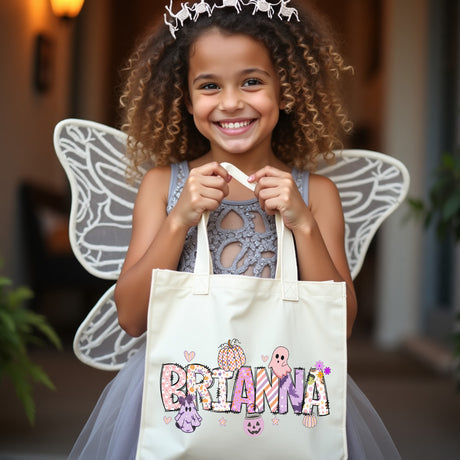 Quirky Pastel Alphabet Personalized Halloween Bag for Girls with Name, Custom Trick or Treat Bags