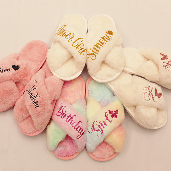 Personalized Fluffy Girls Slippers for Kids Ages 3 to 10 Years - Non-Skid Open Toed Style - Flower Girl Slippers - Slippers for Birthday Parties & More