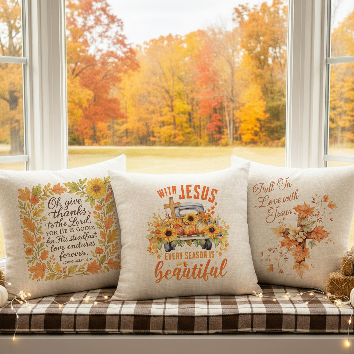 Multi Design Religious Fall Linen Throw Pillows for Couch, Set of 2, 3, and 4, Autumn Decoration