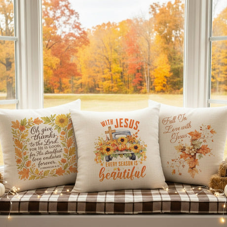 Multi Design Religious Fall Linen Throw Pillows for Couch, Set of 2, 3, and 4, Autumn Decoration - Gifts Are Blue