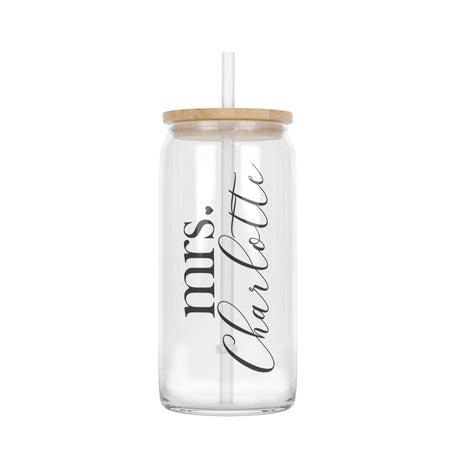 Iced Coffee Glass Tumbler for Bride Personalized with New Last Name - Gifts Are Blue