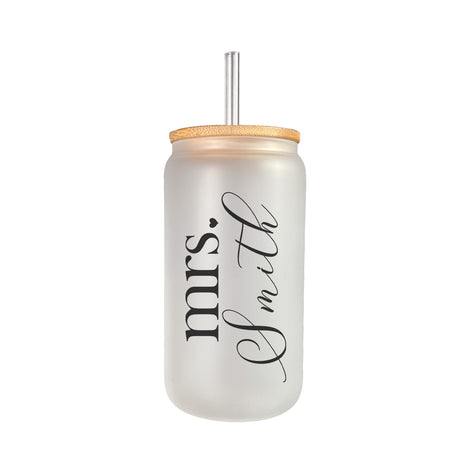 Iced Coffee Glass Tumbler for Bride Personalized with New Last Name - Gifts Are Blue