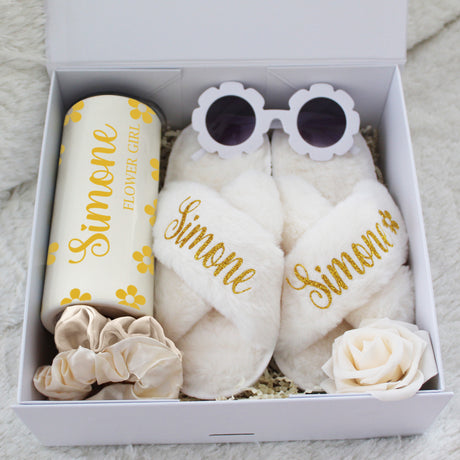 Gold flower girl proposal bundle box, ideal gift set for flower girls from bride. Custom slippers and tumbler for flower girls. 