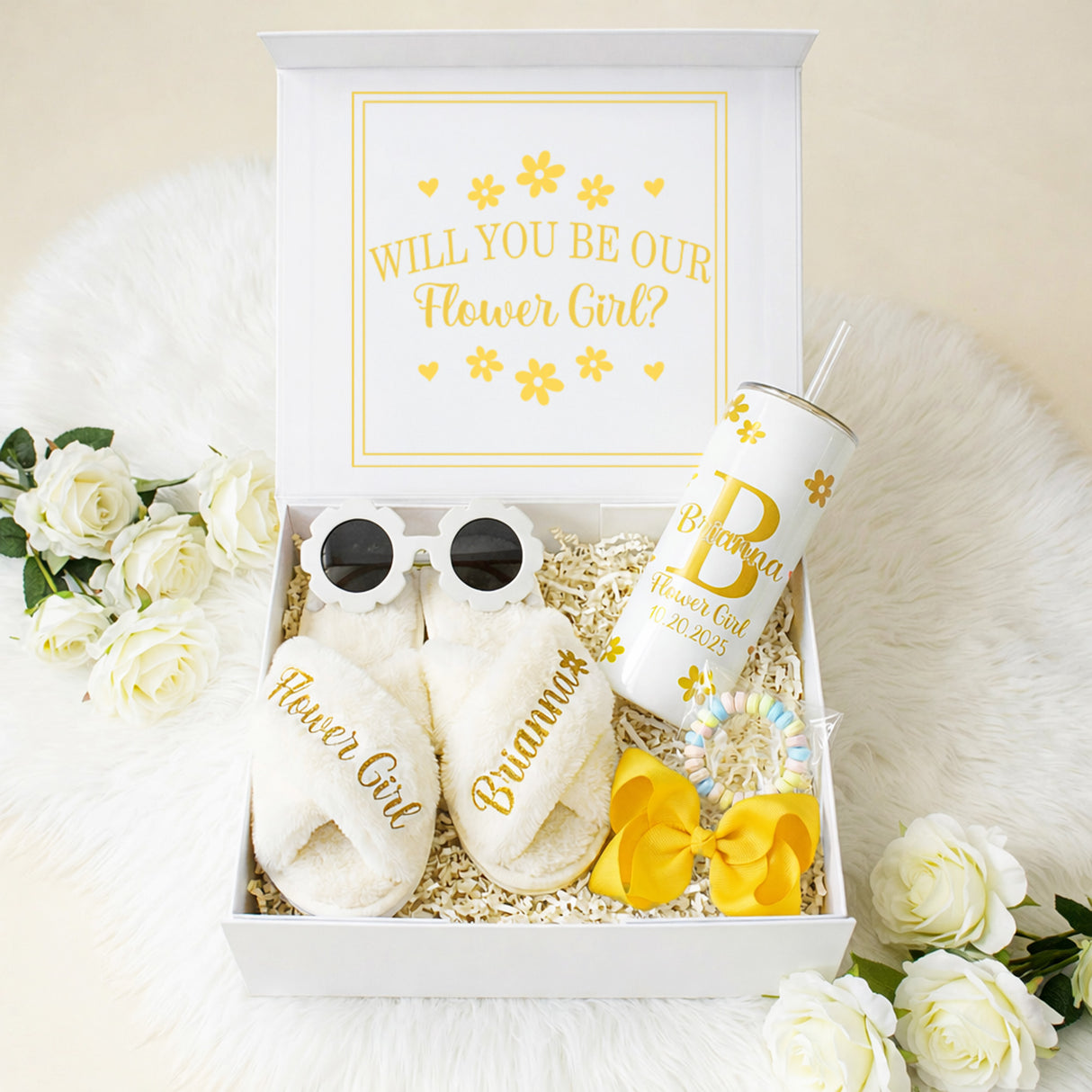 Sweet Pea Flower Girl Proposal Box with Fluffy Slippers & Tumbler