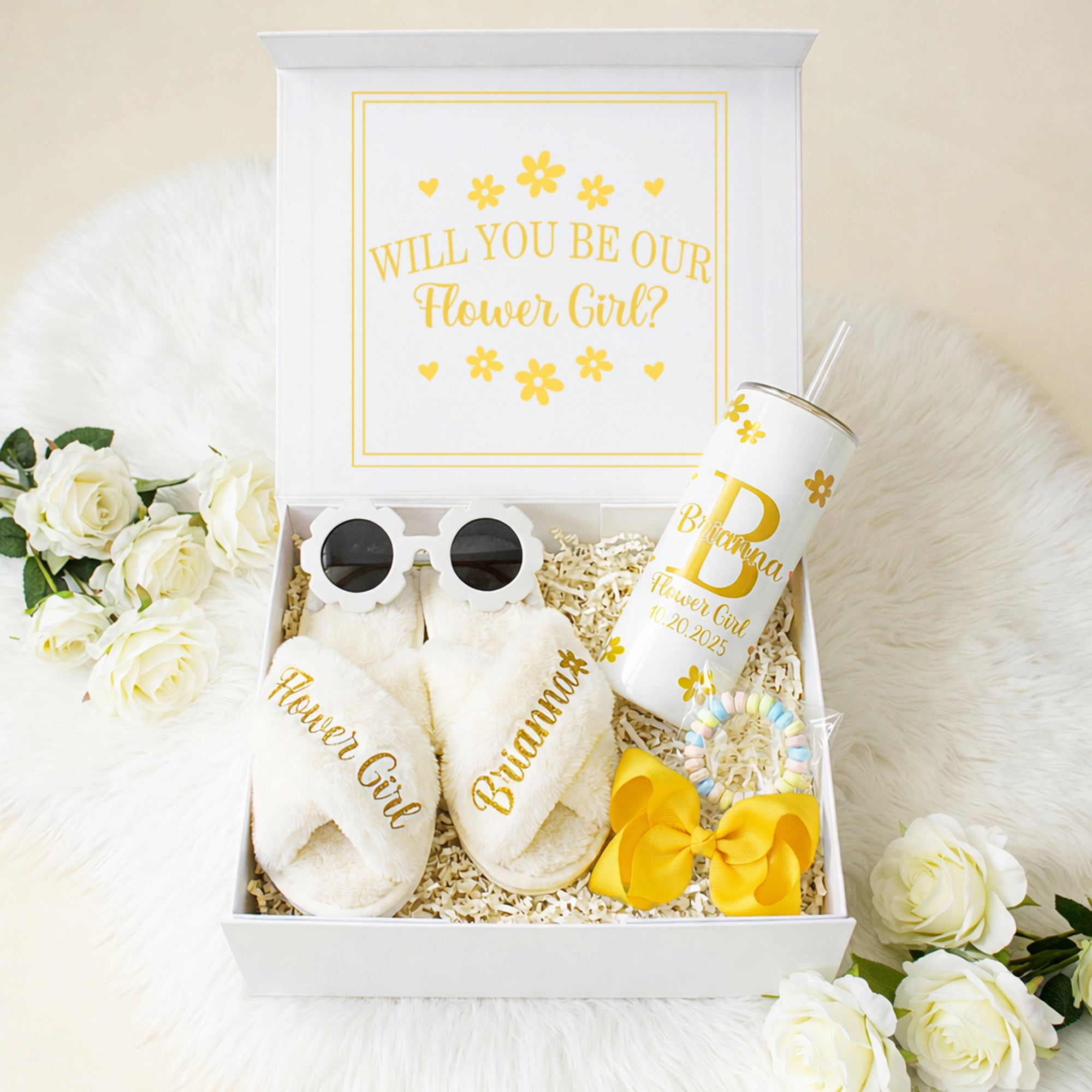 Sweet Pea Flower Girl Proposal Box with Fluffy Slippers & Tumbler