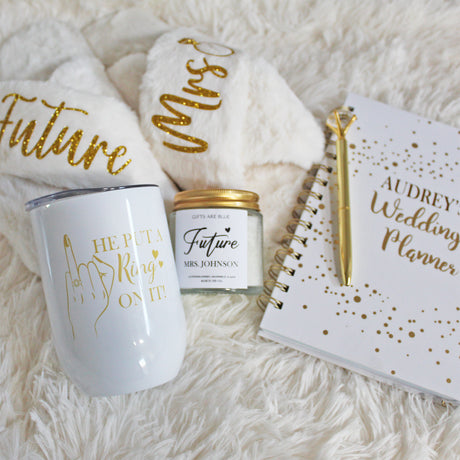 Gold Themed Personalized Engagement Gift Bundle with Slippers for New Fiance - Gifts Are Blue