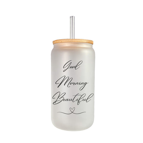Frosted Iced Coffee Glass Can with the words Good Morning Beautiful.