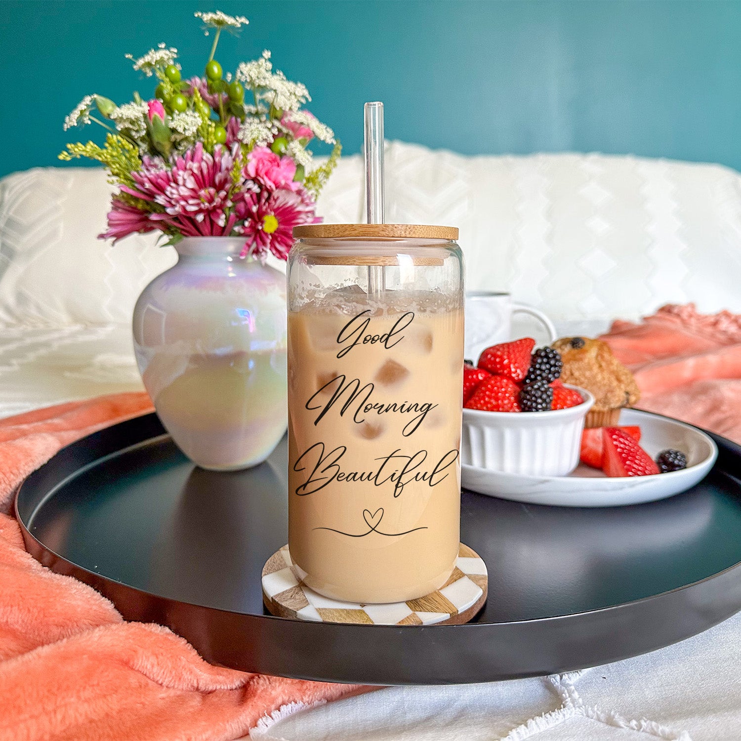 Simple stated but elegantly designed clear iced coffee glass can with the words Good Morning Beautiful.