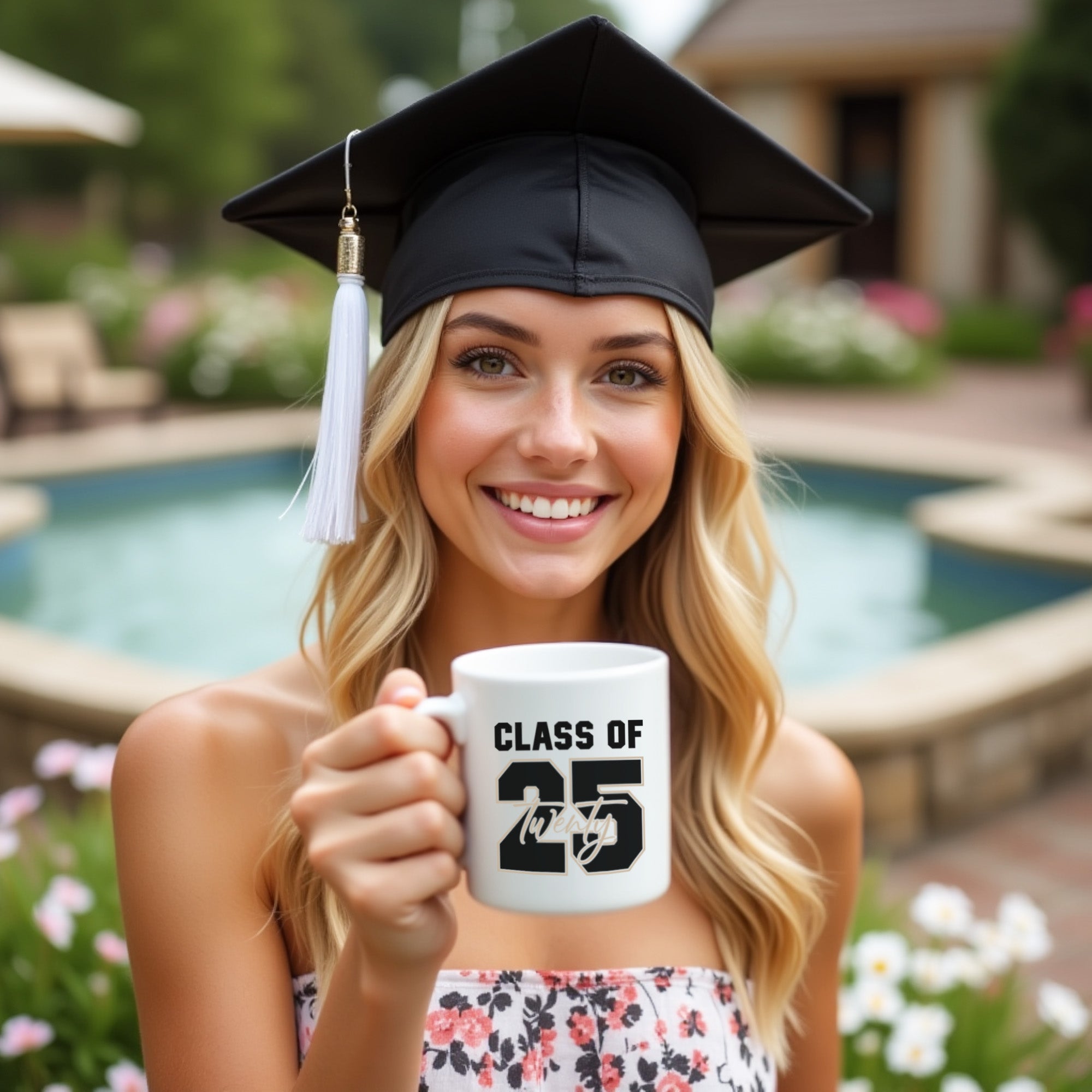 Teen girl holding adorable graduation mug. Graduation ceremony gift ideas for her from parents. 