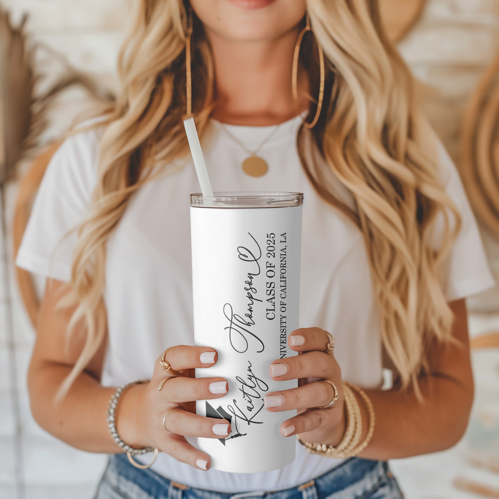 Signature graduation tumbler with personalized name and Class of 2025 design, a thoughtful gift for her.