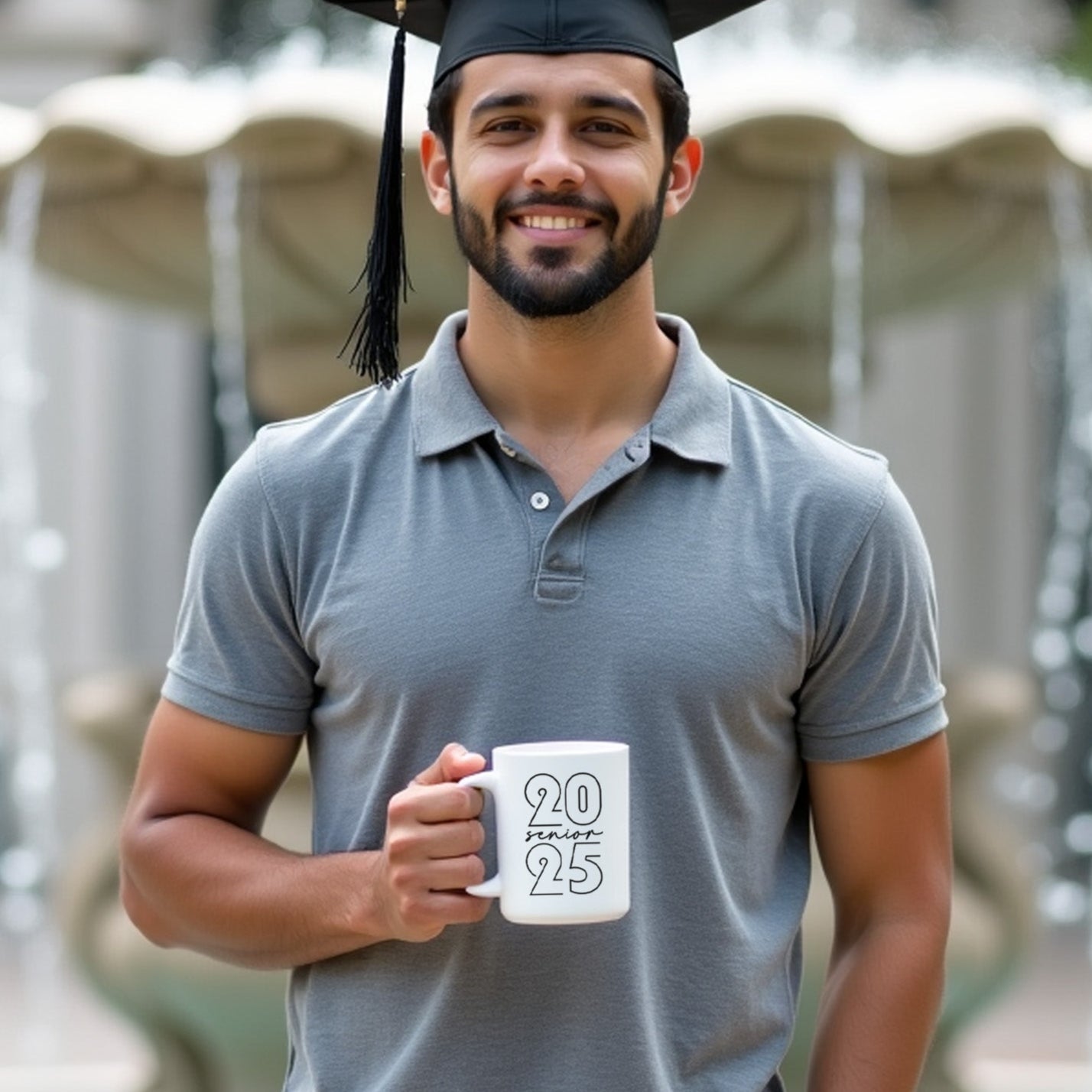 Contemporary graduation mug for high school or college seniors, Class of 2025. Man holding graduation mug with simple design while taking graduation photos. 