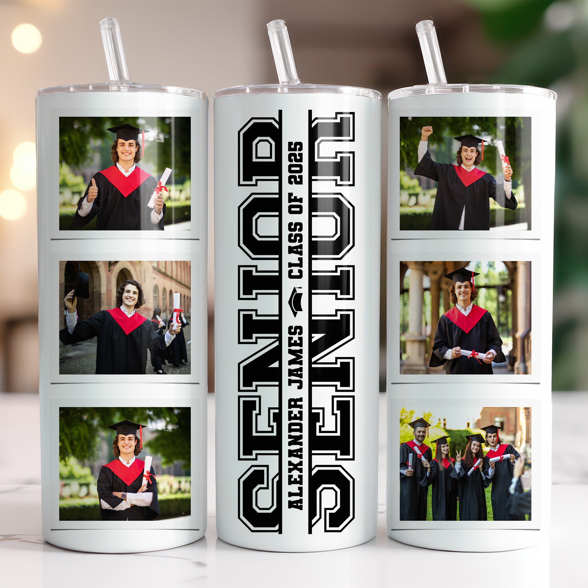 Personalized graduation skinny tumbler with graduate’s photo and name. 20 oz stainless steel gift for Class of 2025.