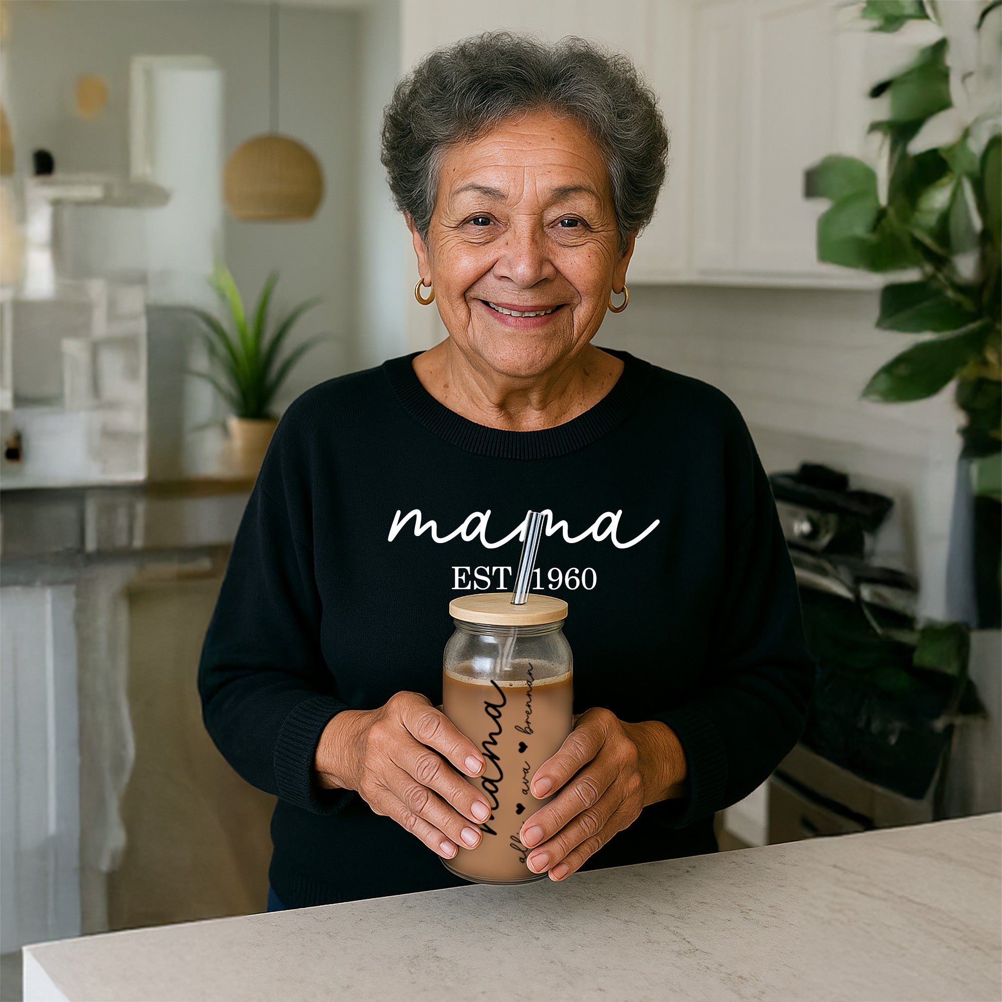 Gift for grandma on birthdays, Christmas, Mothers Day and more. The gift set bundle includes mama sweatshirt personalized with established year, comfy slippers, glass can and scrunchies.