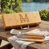 The Grill Master BBQ Tool Set with Engraved Case - 3 Piece Bamboo Kit