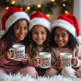 Three cute kids taking a picture together wearing santa hats and holding our family Christmas 2025 ceramic mugs.