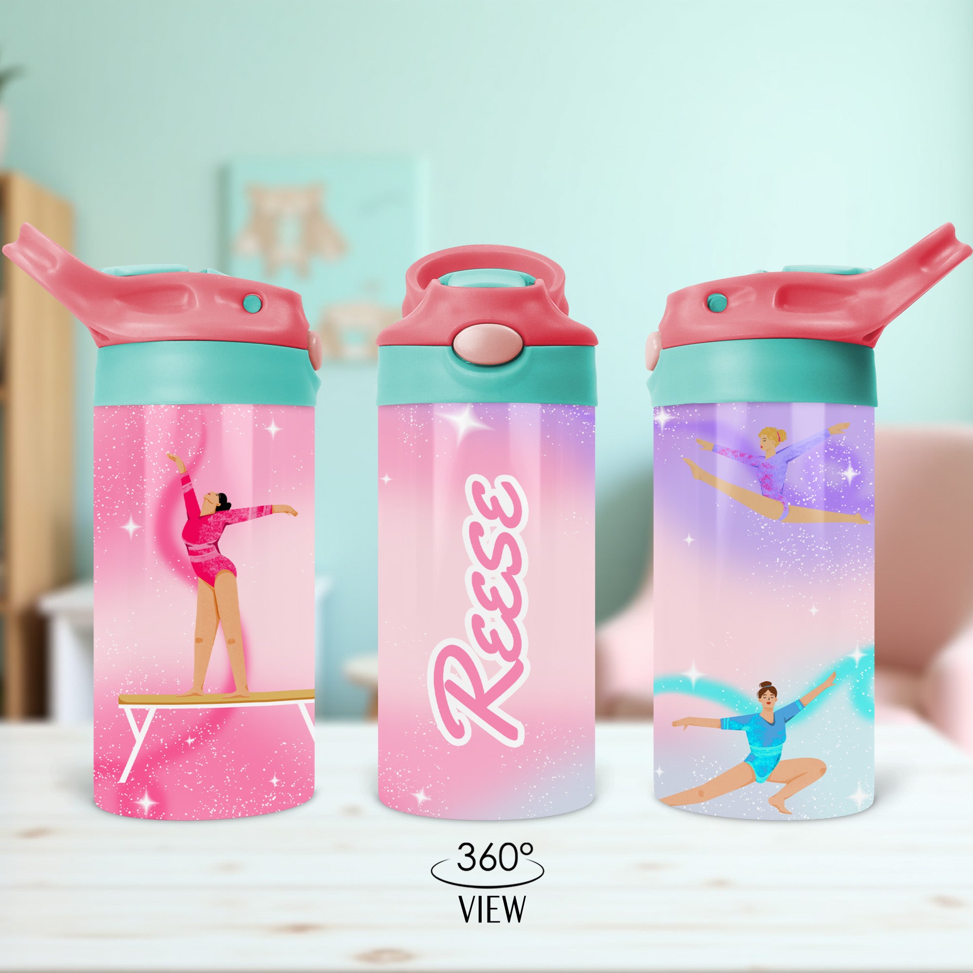 Gymnastics water bottle for kids with custom name, ideal for keeping your child’s drinkware labeled during school and practice.