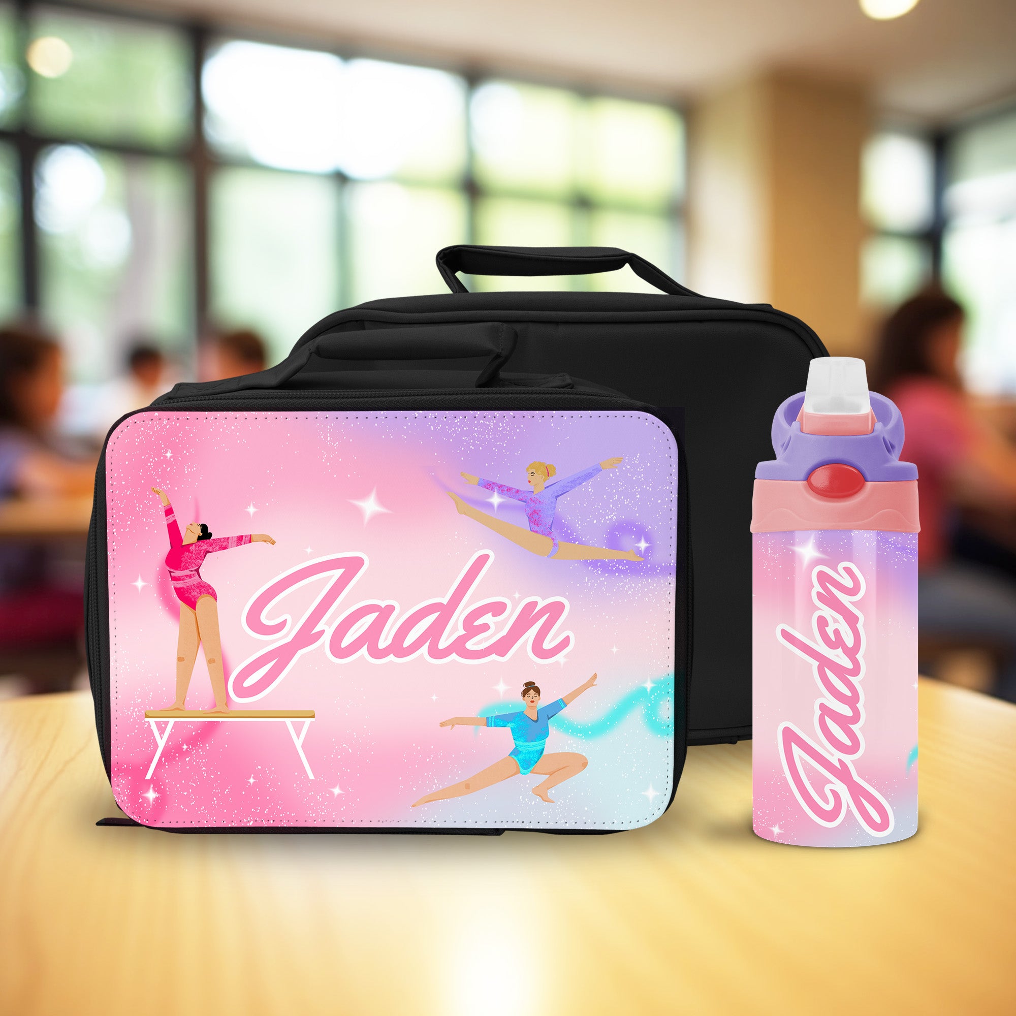 This personalized lunch box and bottle combo is perfect for school, practice, or gifting to a gymnast.