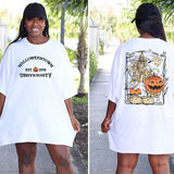 Cute Halloween Shirt for all ages with Halloweentown University print on the front and a full graphic on the back.