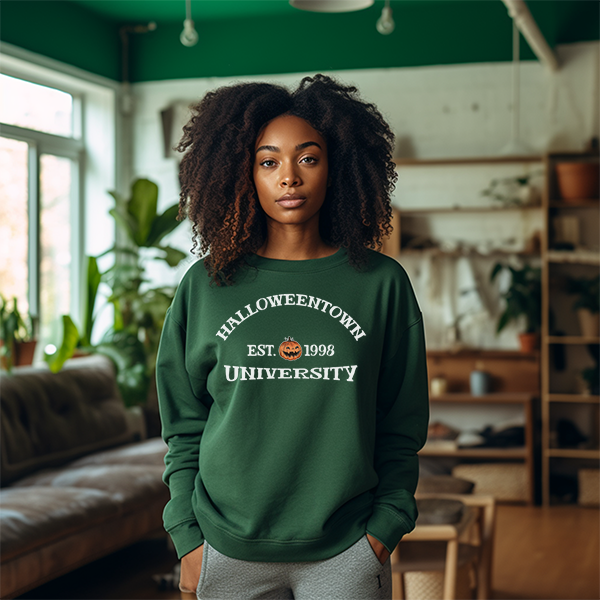 Halloweentown University Halloween Sweatshirt in Dark Green. 