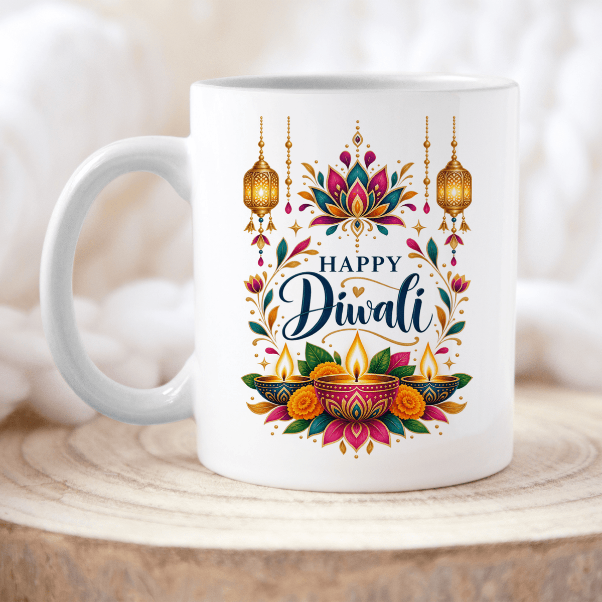 Happy Diwali Lotus & Diya Coffee Mug – 11oz & 15oz Indian Festival Gift - Gifts Are Blue