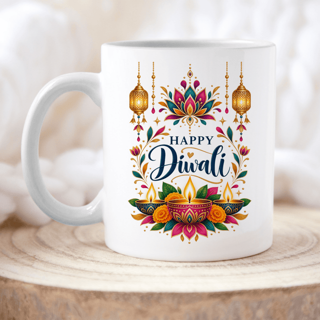 Happy Diwali Lotus & Diya Coffee Mug – 11oz & 15oz Indian Festival Gift - Gifts Are Blue