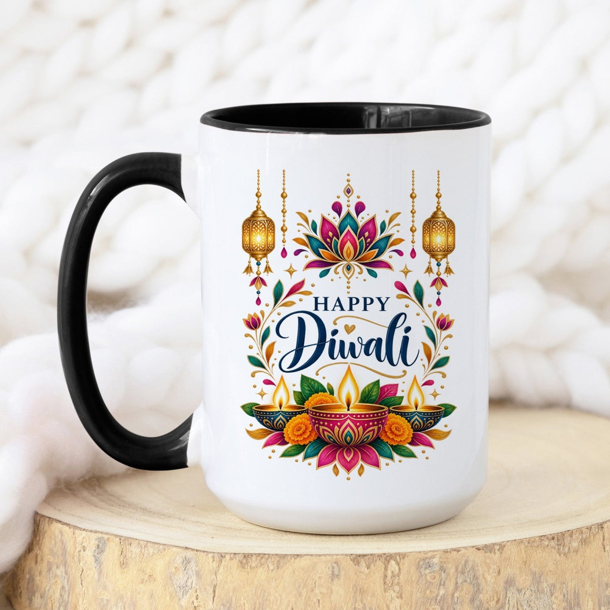 Happy Diwali Lotus & Diya Coffee Mug – 11oz & 15oz Indian Festival Gift - Gifts Are Blue