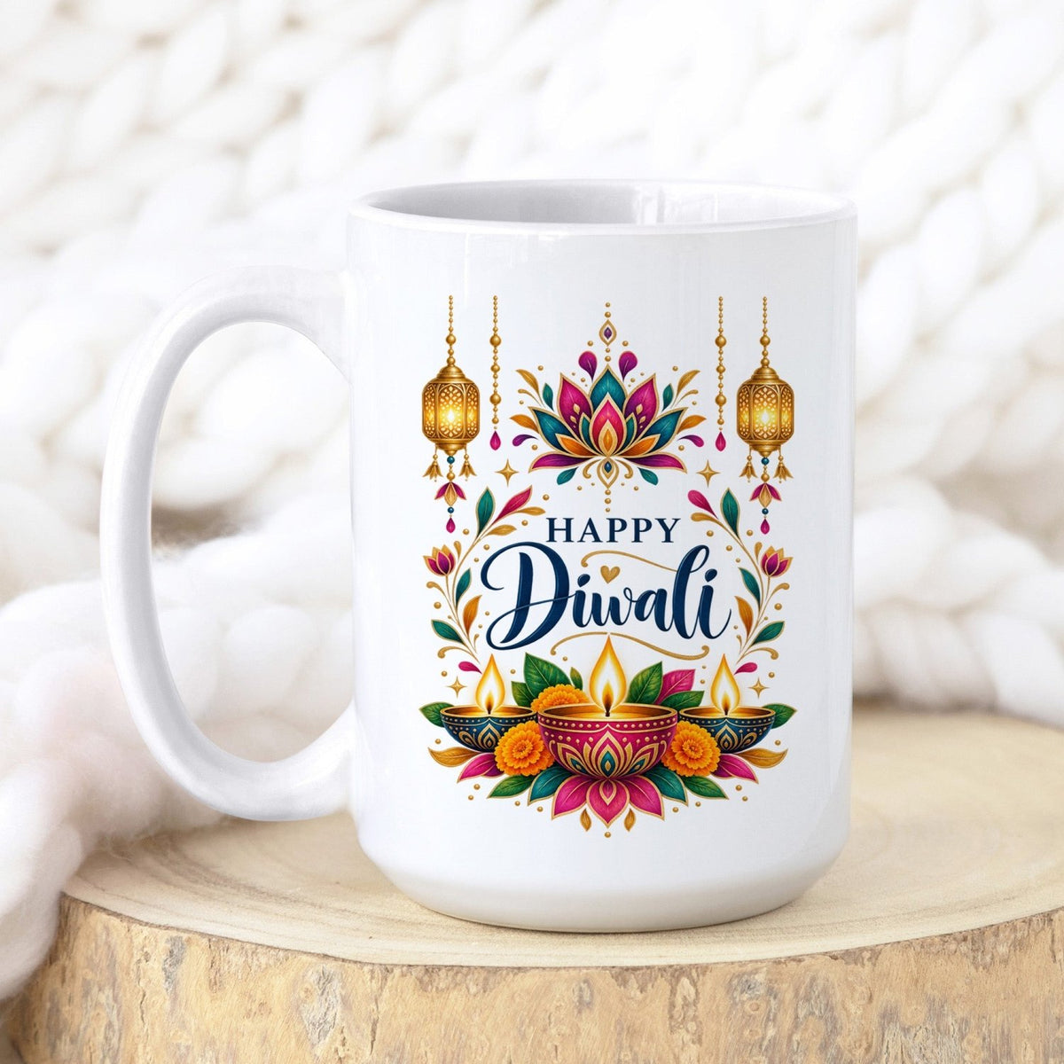 Happy Diwali Lotus & Diya Coffee Mug – 11oz & 15oz Indian Festival Gift - Gifts Are Blue