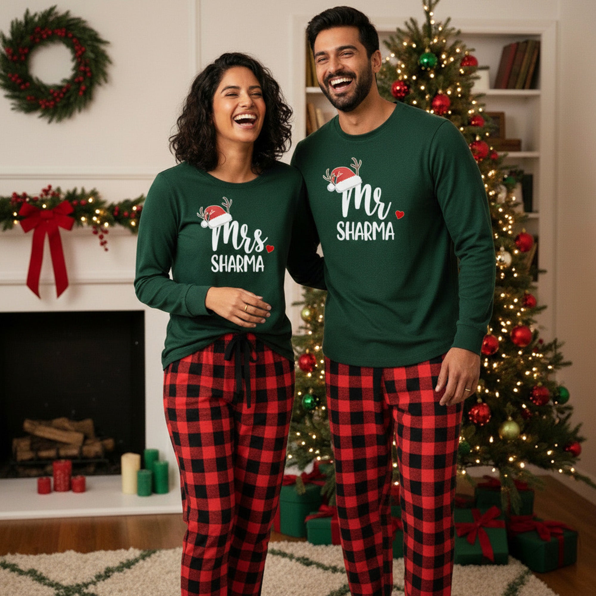 Matching Mr and Mrs Christmas Pajama Set with Buffalo Print Pants - Couples PJs Santa Hat