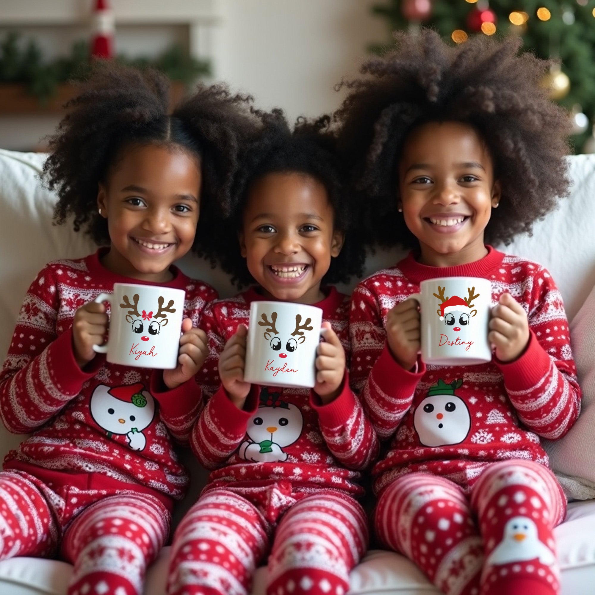 Matching Family Christmas Mugs with Reindeer Design, Personalized Mugs for Dad, Mom, Son, Daughter