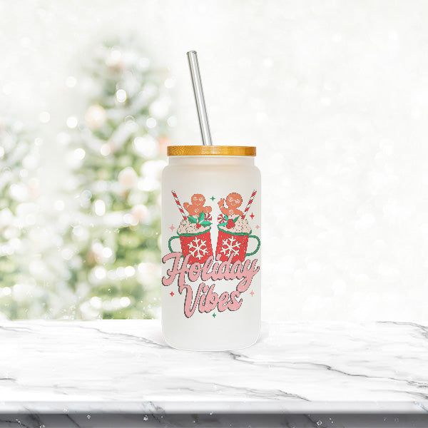 Cute Christmas Glass Can for coffee, eggnog, smoothies and more. all SKUs