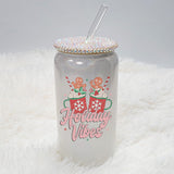 Shimmer Style Glass Can with Rhinestone Lid and Glass Straw featuring our Holiday Vibes Design for the Christmas holiday. all SKUs